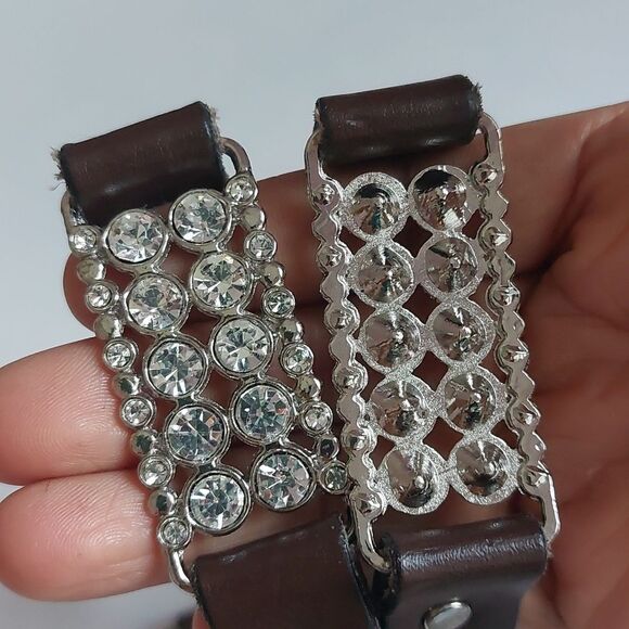Size 38 Genuine Brown Leather and Rhinestone Paved Silver Tone Panel Linked Belt - Picture 4 of 6